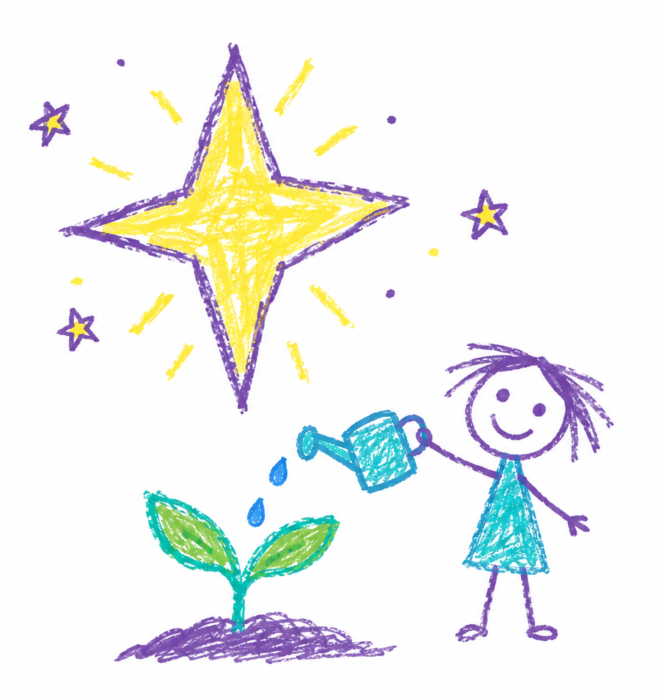 Illustration: a smiling child watering a young green sprout beneath a big shining star